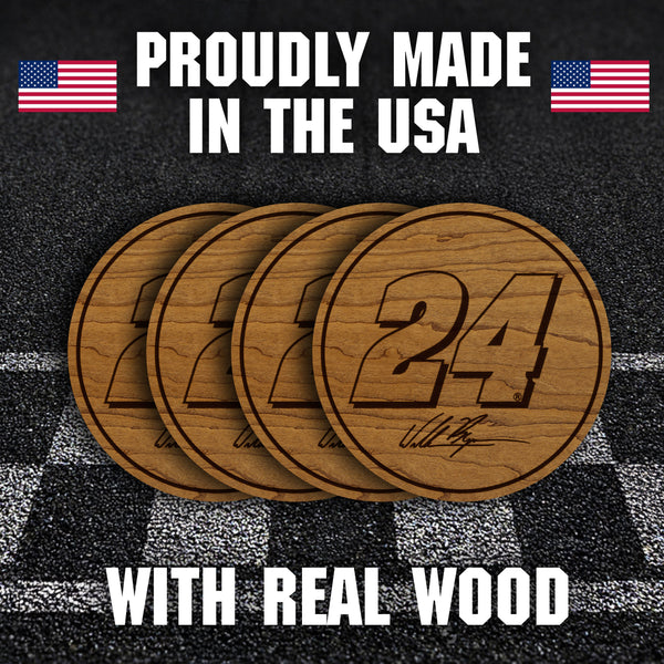William Byron #24 Wooden Coaster 4-Pack | Crafted from Cherry and Maple Wood | Made in USA | Officially Licensed by Hendrick Motorsports