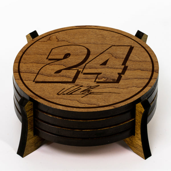 William Byron #24 Wooden Coaster 4-Pack | Crafted from Cherry and Maple Wood | Made in USA | Officially Licensed by Hendrick Motorsports